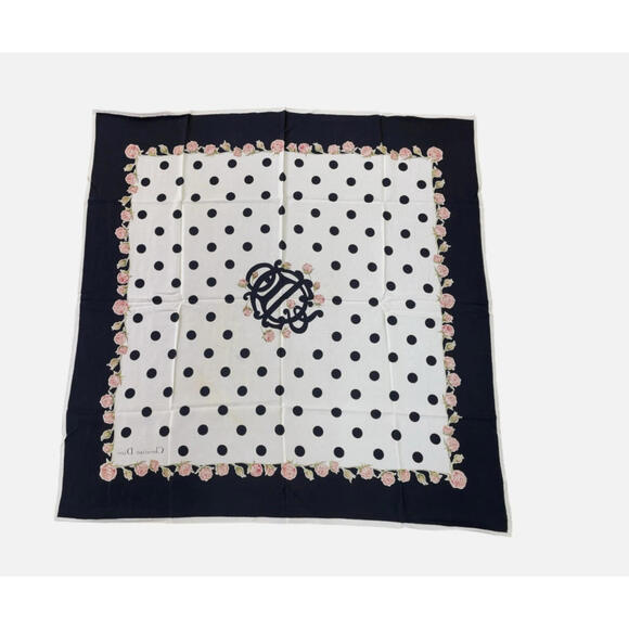 RARE Christian Dior Large Scarf Polka Dot Bee Rose Pattern Black Pink  100 Silk - Picture 2 of 3